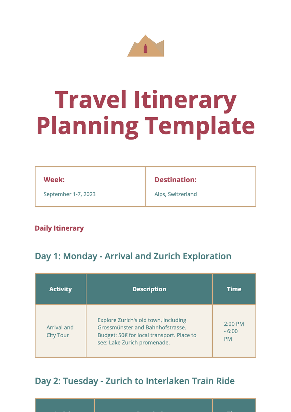 Travel itinerary template with mountain graphic and daily budget sections_variant_1